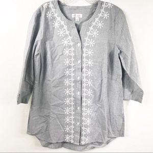 Denim & Co Black & White Striped Embroidered Top